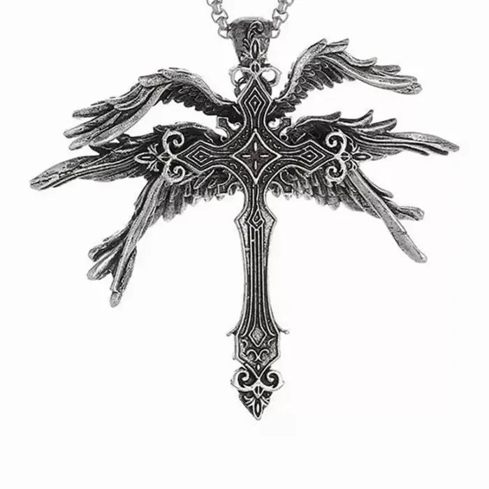 Rétro gothique jésus ailes croix pendentif collier bijoux pour hommes femmes grand Vintage foncé Pun