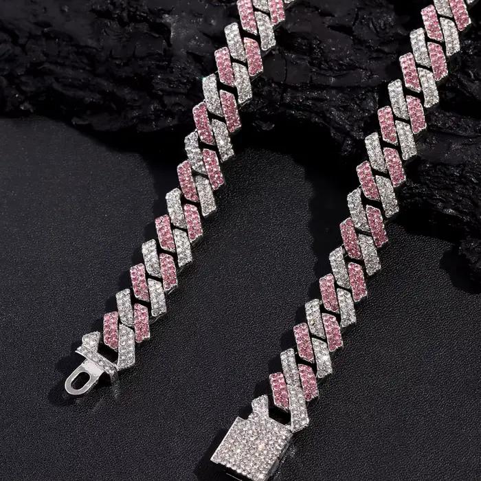 Collier chaîne cubaine Hip Hop pour hommes et femmes, chaîne Miami rose et blanche sertie de strass, bijoux unisexes brillants, cadeau