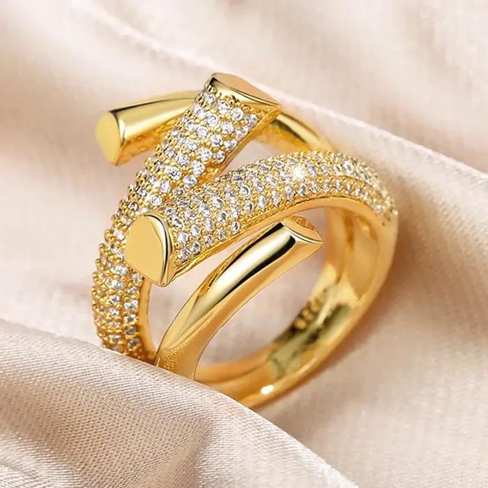 Bague Huitan Hyperbole en forme géométrique couleur or pour femme, luxueuse, pavée de zircons étincelants, pour usage quotidien, soirée, mode polyvalente, bijoux pour femme