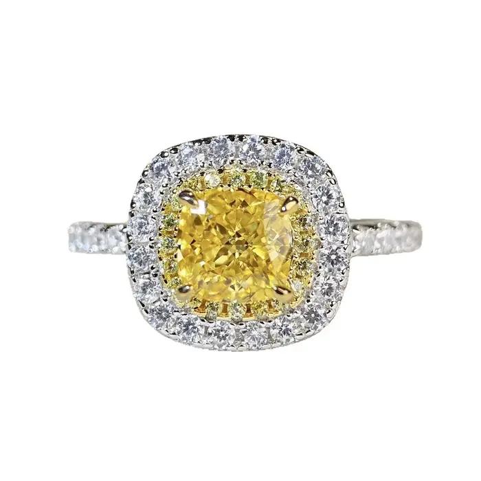 Bague en or blanc massif 18 carats AU750, diamant jaune coussin de 1,5 ct, bague de fiançailles pour