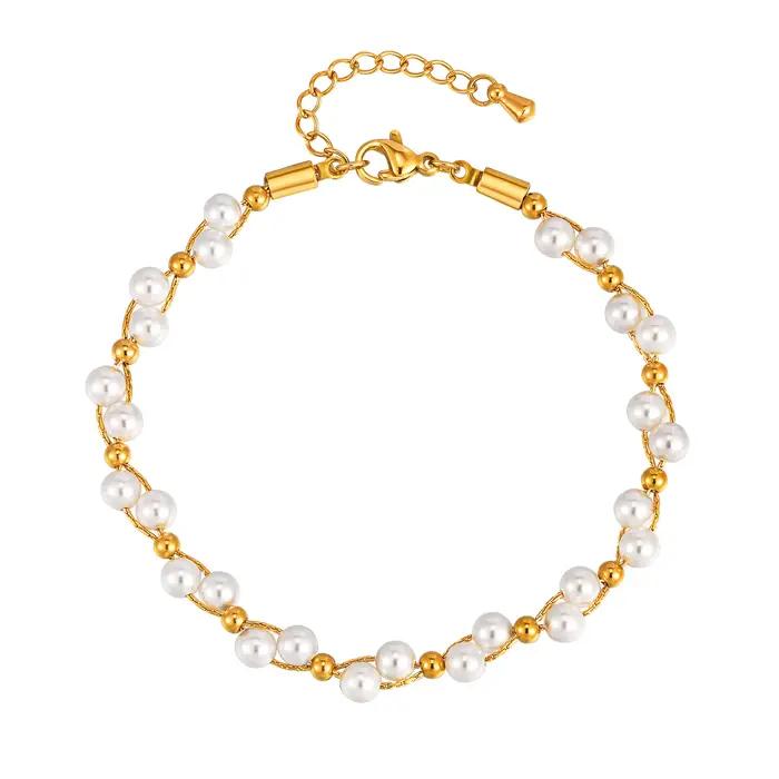 Bracelet de perles de luxe léger pour femmes, chaîne en acier inoxydable plaquée or 18 carats, bijoux quotidiens et cadeaux exquis pour occasions spéciales