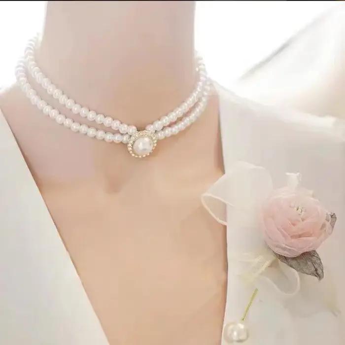 Collier et boucles d'oreilles en perles Double couche pour femmes