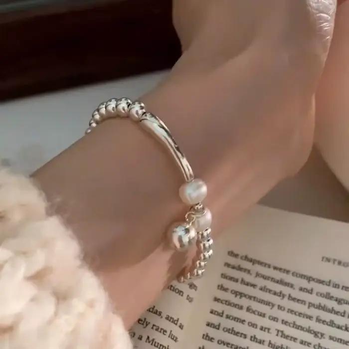 Bracelet en argent Sterling 925 avec perles rondes asymétriques punk pour femmes et filles bijoux mode ajustables pour soirées et événements spéciaux
