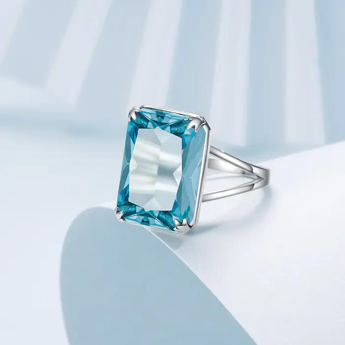 Bague en argent sterling 925 véritable pour femmes, aigue-marine, plaquée or blanc, cadeau d'anniversaire, de mariage, bijou fin pour occasions spéciales