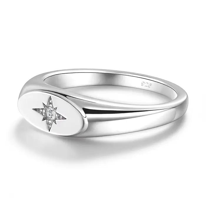Bague Chevalière en Argent Sterling 925 avec Moissanite Brillante Étoile Polaire à Huit Branches, Bijou Minimaliste de Promesse et de Déclaration