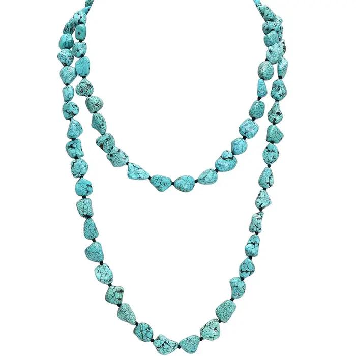 Collier sans fin de perles turquoise pour femmes et adolescentes, style Boho, longue pierre nouée, multicouche, bijoux faits à la main
