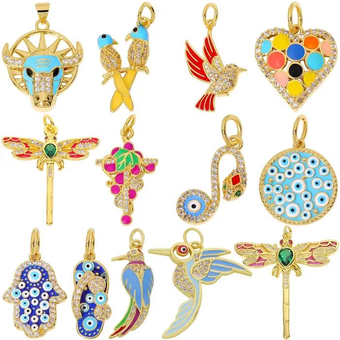 Juya 18K plaqué or couture artisanat bijoux accessoires émail raisin taureau oiseaux serpent grec mauvais œil libellule breloques