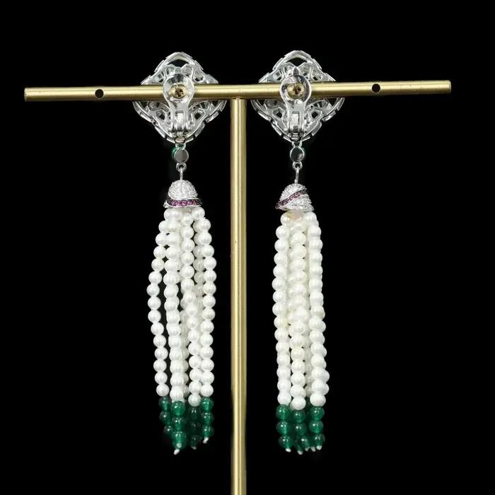 Bellux bijoux conception Unique 925 argent Zircon sang de Pigeon rubis vert perles Vintage gland perle boucles d'oreilles