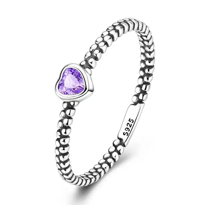 Bague en argent sterling 925 sertie de zirconium blanc élégante pour femmes et filles style vintage coeur violet occasions spéciales engagement