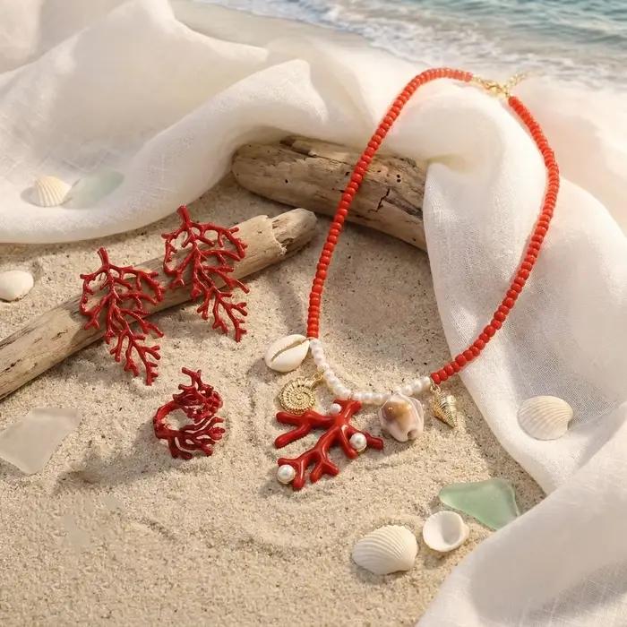Ensemble de bijoux en corail rouge surdimensionné asymétrique pour femmes occasions estivales et soirées en été
