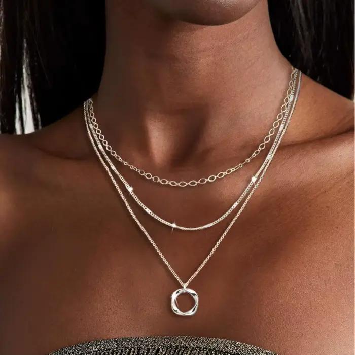 Colliers en or superposés pour femmes, empilables, plaqué or 14 carats, argent, cercle, trombone, chaîne, pendentif, ras du cou, ensemble pour femmes
