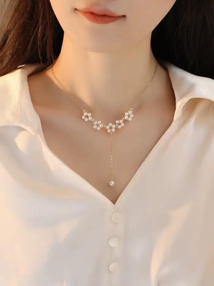 Lii Ji véritable perle Tinny perles fleurs faites à la main collier 45 cm réglable 14K rempli d'or n