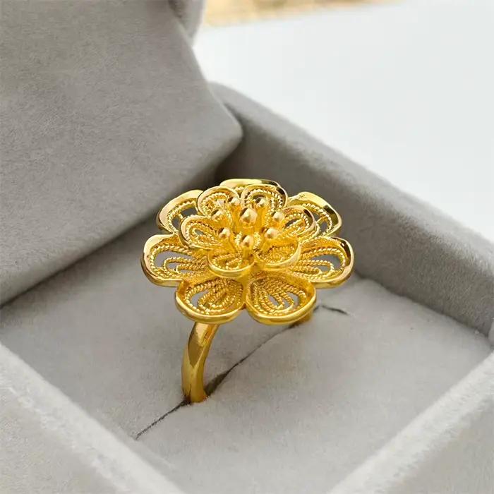Ensembles de Bijoux couleur or jaune pour femmes, pendentif fleur, collier, bague, boucles d'oreilles, ensemble de 3 pièces, accessoires de Bijoux de mariage