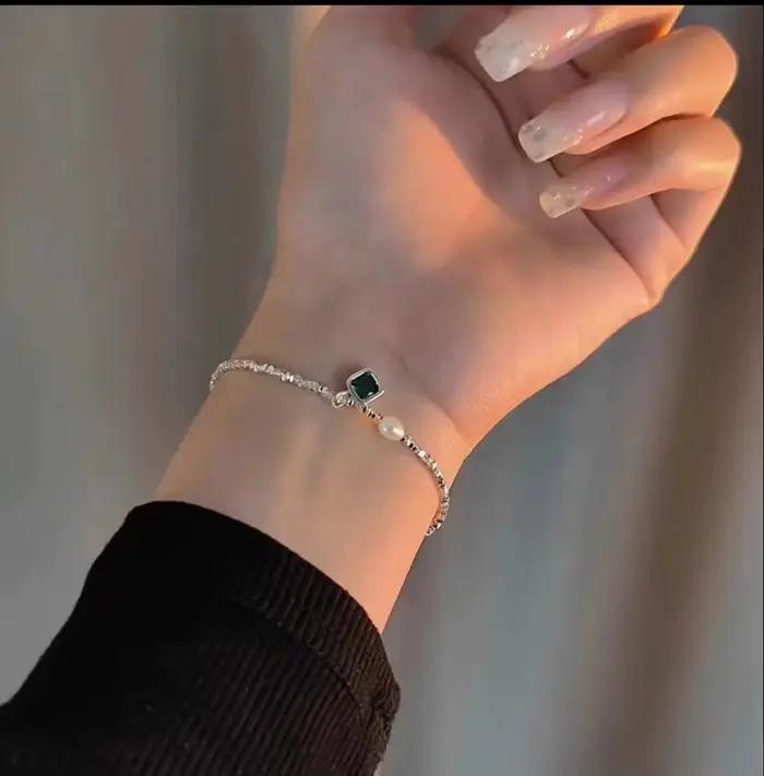 Collier de perles avec pendentif vert émeraude en argent Sterling 925 pour femmes