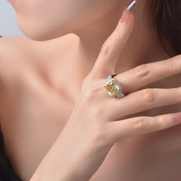 Vinregem 10 MM 5 CT Citrine haute teneur en carbone diamant bague en pierres précieuses pour les femmes 100% 925 en argent Sterling mariage fiançailles bijoux fins