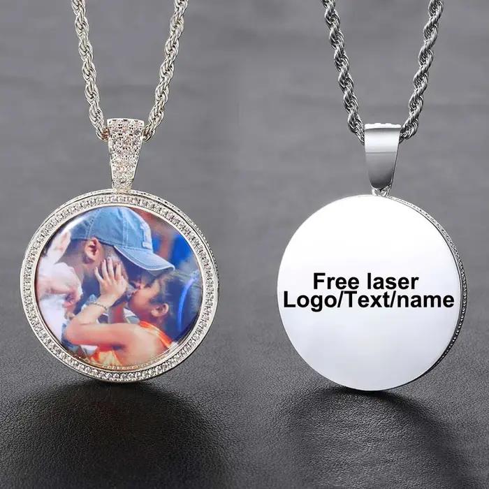 Collier photo personnalisé unisexe avec pendentif rond en zircone cubique pour homme et femme occasions spéciales hip hop rock