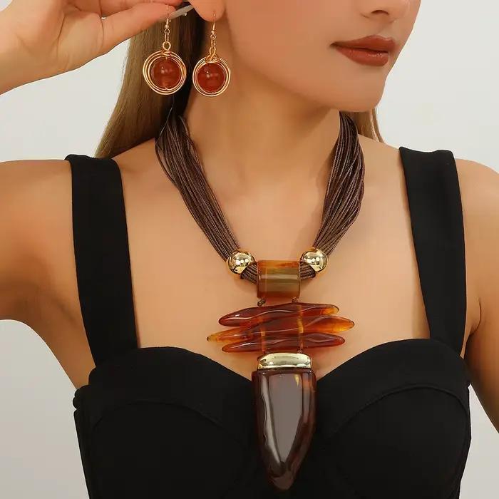 Ensemble de bijoux occidentaux tendance, collier et boucles d'oreilles fantaisie en imitation turquoise et corde cirée, accessoires de fête pour femmes