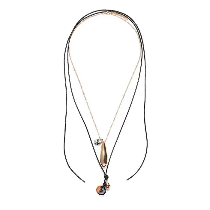 Collier pendentif goutte d'eau ZAA vintage 2 pièces/ensemble avec longue corde en cuir et chaînes métalliques pour femme