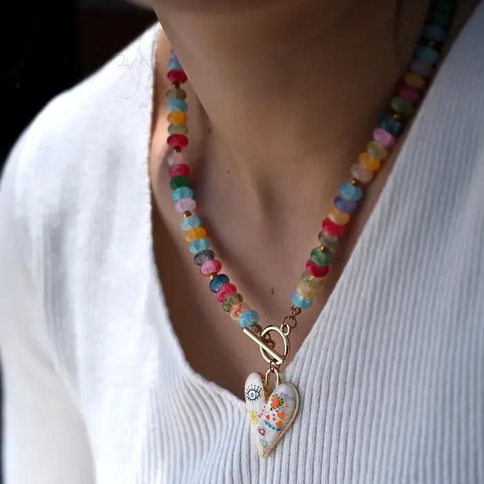 Collier MOON GIRL avec pendentif cœur design original perles de verre colorées bijoux quotidiens femmes style Y2K occasions quotidiennes cadeaux
