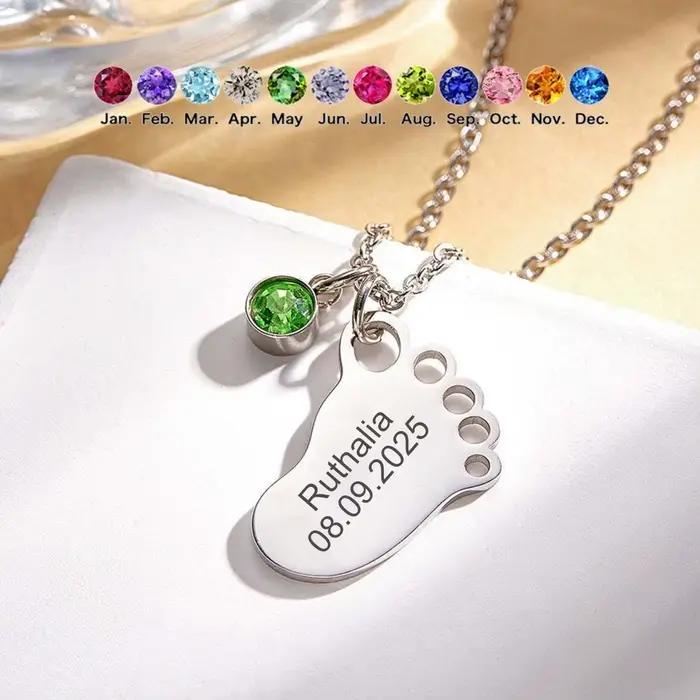 Collier personnalisé avec empreinte de pied de bébé et pierre de naissance pour enfants et femmes, gravure personnalisée des informations de naissance du bébé, cadeau d'anniversaire