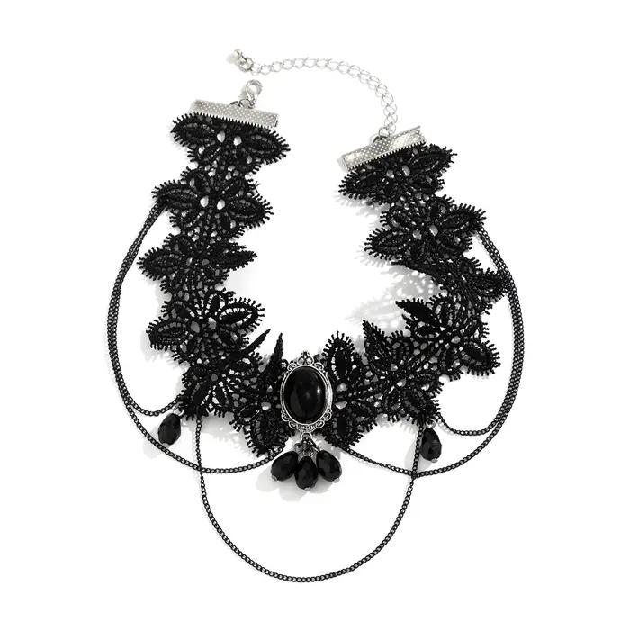 Lacteo gothique noir dentelle corde chaîne collier perles de cristal géométrique charme Sautoirs