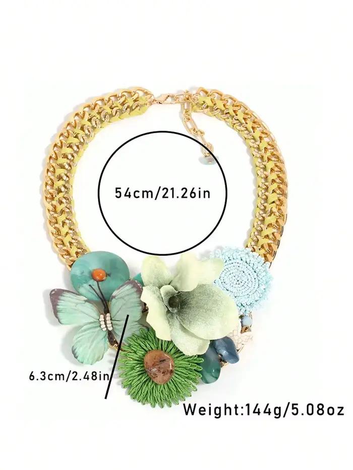 Collier ras du cou bohème floral papillon, chaîne dorée épaisse, motif jardin vert, fleur en tissu faite à la main, accessoire de bijouterie