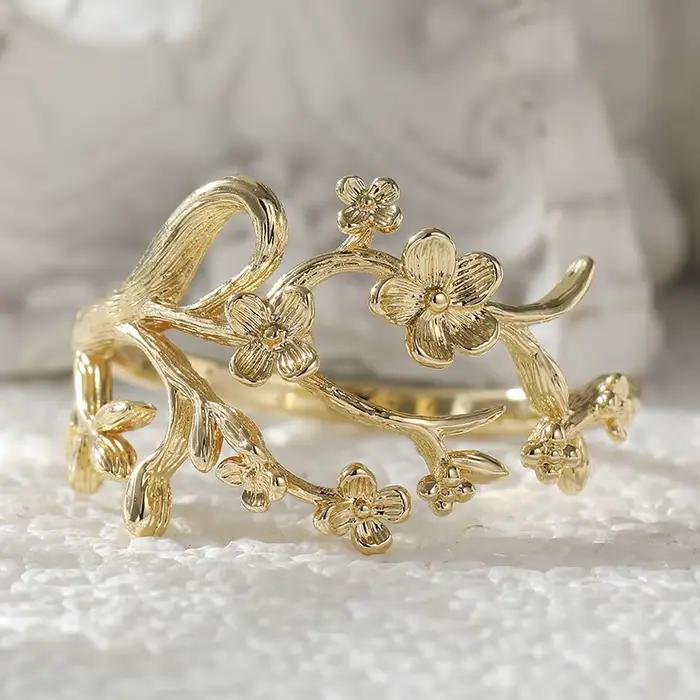 Bague vintage pour femme, motif branche et fleur sculptés à la main, en métal doré, géométrique, pour usage quotidien, bijoux de fête, cadeau d'anniversaire