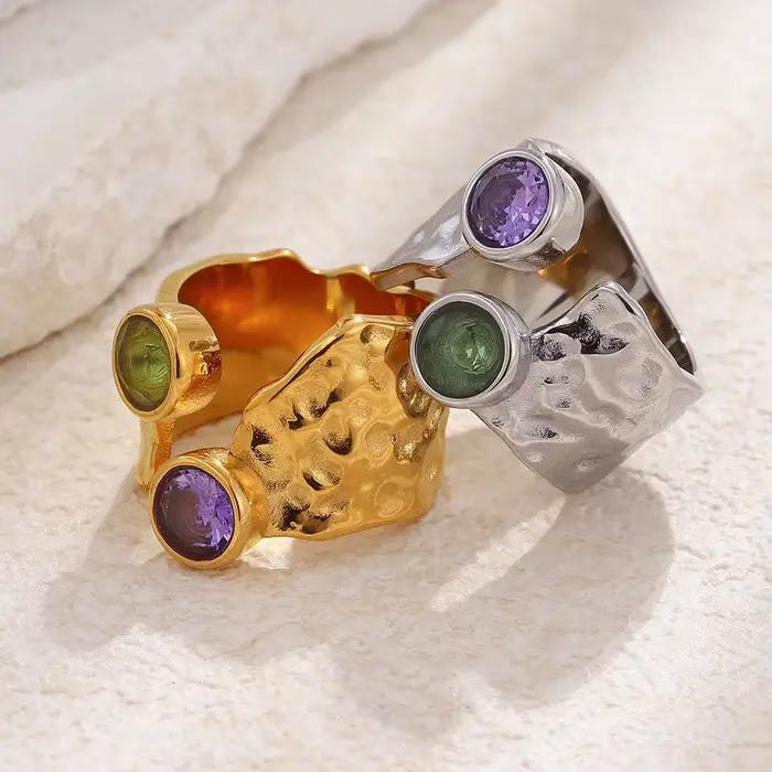 Bague pour femme Glossisland à motif martelé en acier inoxydable plaqué or 18 carats avec zircon, cadeau de bijoux