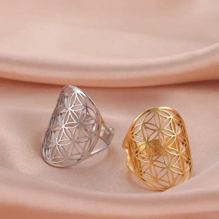 Bague Sacrée Fleur de Vie acier inoxydable plaqué or or rose pour femmes occasions spéciales mariage anniversaire engagement