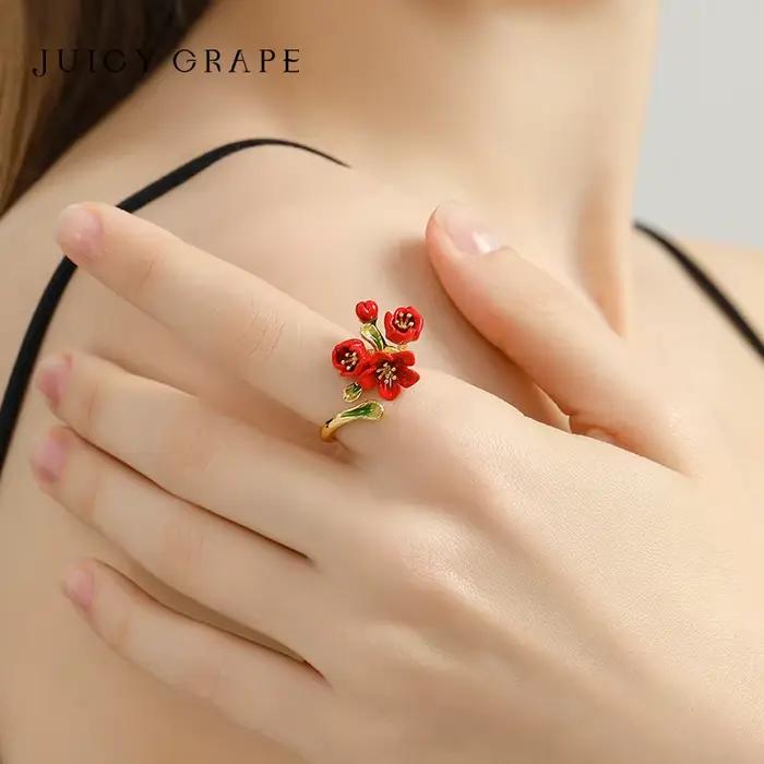 Bague en émail fleur de bégonia rouge plaquée or 18k zirconium pour femme occasions spéciales cadeau anniversaire noël