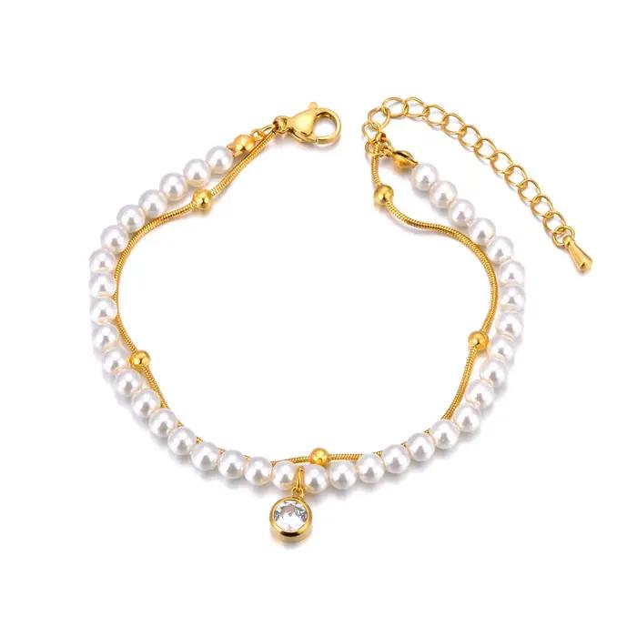 AENINE – Bracelet élégant en perles d'imitation faites à la main pour femmes, couleur or rétro, chaîne en acier inoxydable, bijoux de fête B26037