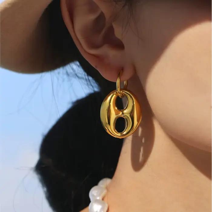 Boucles d'oreilles creuses en forme de grain de café, en acier inoxydable plaqué or 18 carats, imperméables, ne ternit pas, grosses boucles d'oreilles pendantes pour femmes