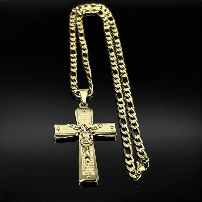 Collier Croix de Jésus en Acier Inoxydable Bijou Religieux Femme Homme Cadeau Anniversaire Fête Baptême Occasions Spéciales