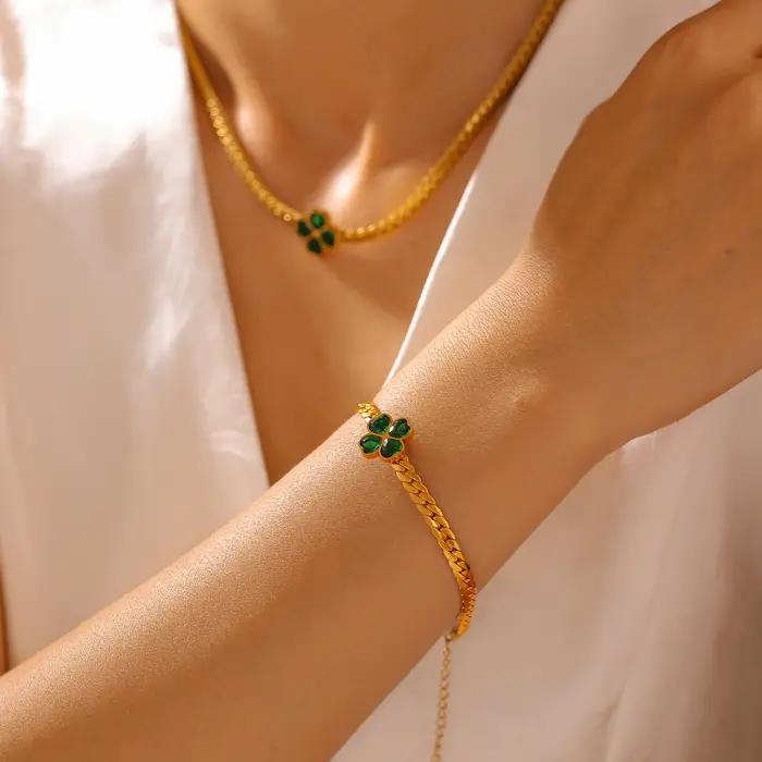 Trèfle vert boucle d'oreille Bracelet collier pour femmes en acier inoxydable plaqué or 18 carats