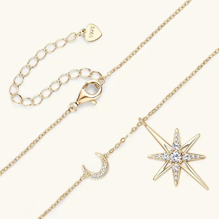 Collier en argent 100% Moissonite pour femmes, plaqué or 18 carats, étoile et lune, chaîne ras du cou, bijoux fins, cadeaux, occasions spéciales