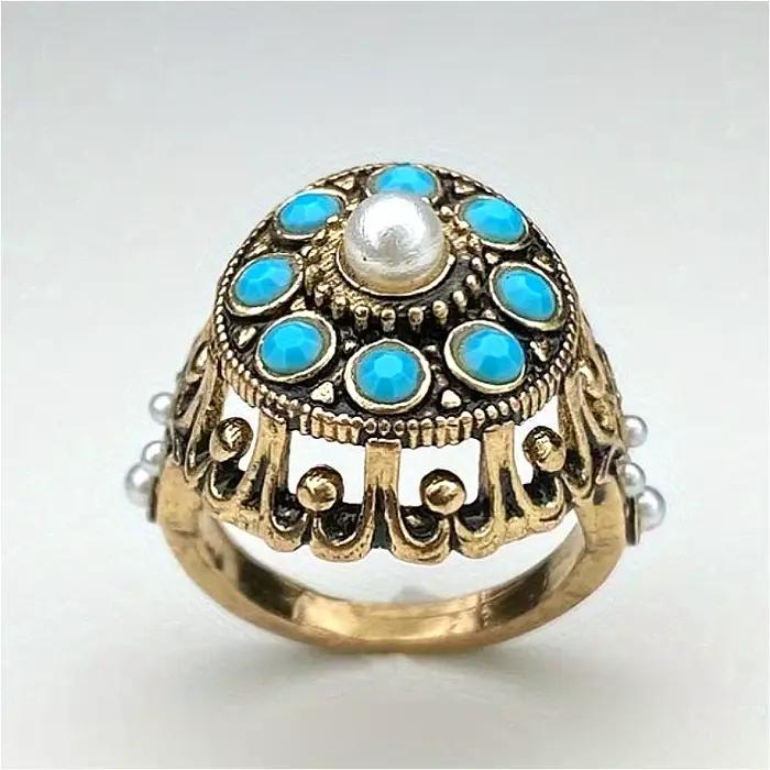 Bague Vintage Exquise en Bronze Incrustée de Turquoise Synthétique Façonnée, Bijou de Mode Féminin, Accessoire de Banquet et de Festival, Cadeau