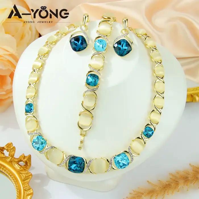 Ensemble de bijoux de luxe en cristal bleu, couleur or, exquis, Vintage, sans nickel, collier, bracelet, boucles d'oreilles, bijoux de mariage pour femmes