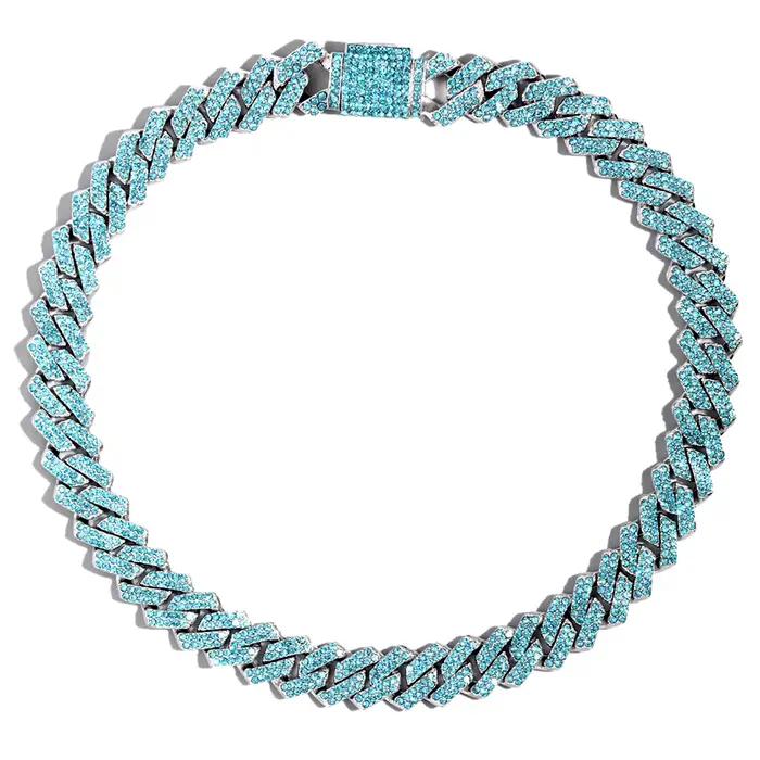 Collier chaîne cubaine pour hommes et femmes, chaîne à maillons sertie de strass bleus, bijoux hip-h