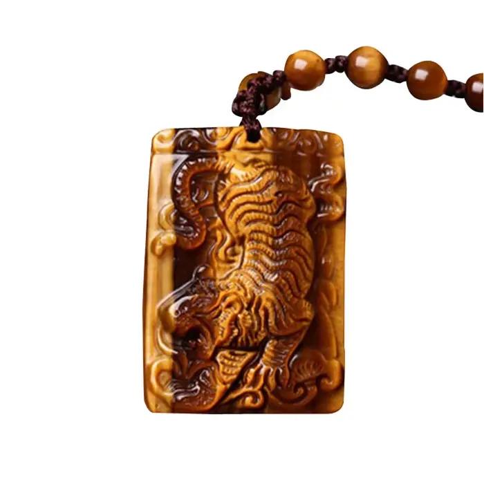 Pendentif œil de tigre sculpté à la main, collier de guérison énergétique avec chaîne de perles, amulette porte-bonheur, bijoux en cristal pour femmes et hommes