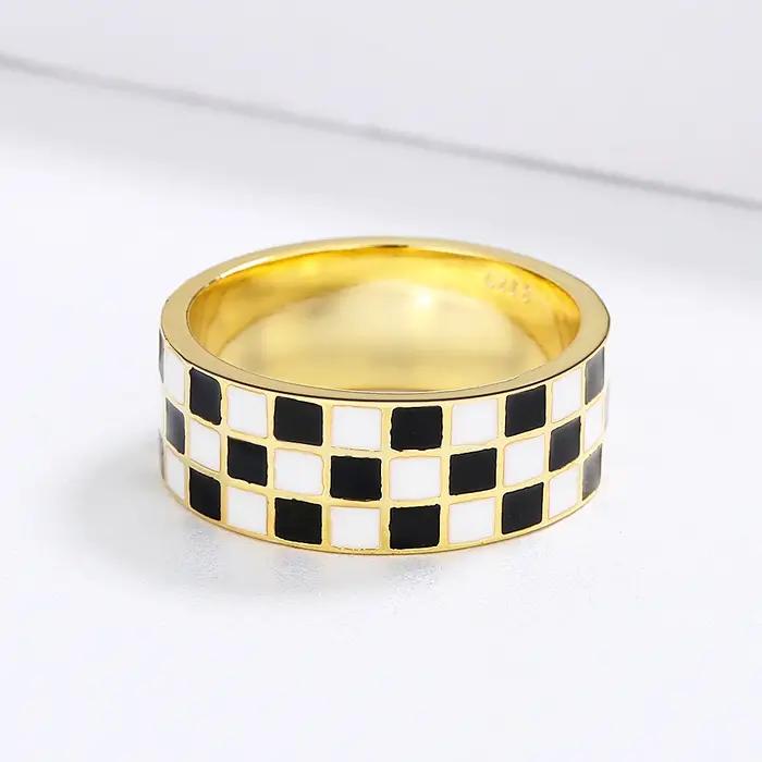Bague coréenne en forme de goutte d'huile anneau à carreaux noir blanc pour femmes occasions spéciales mariage engagement