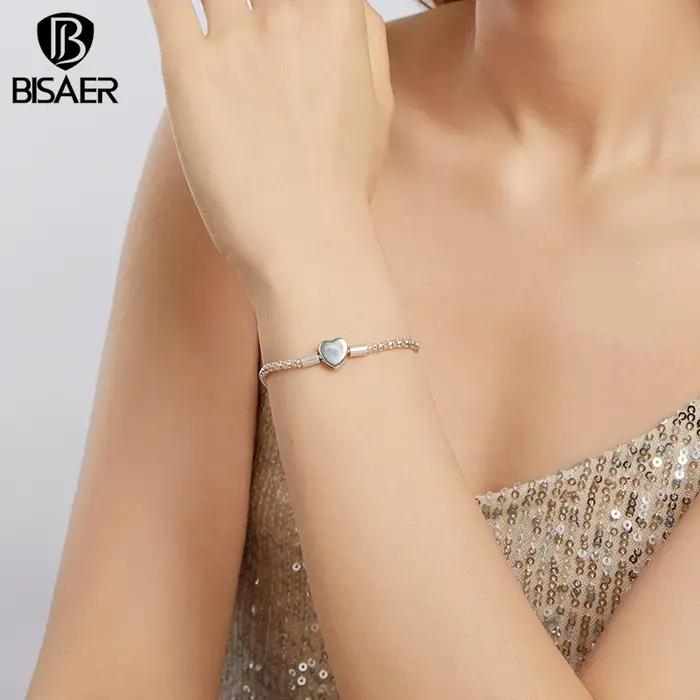 BISAER réel 925 en argent Sterling coeur Bracelet de base amour étoilé Bracelets pour femme breloques perles bricolage bijoux fins EFB209