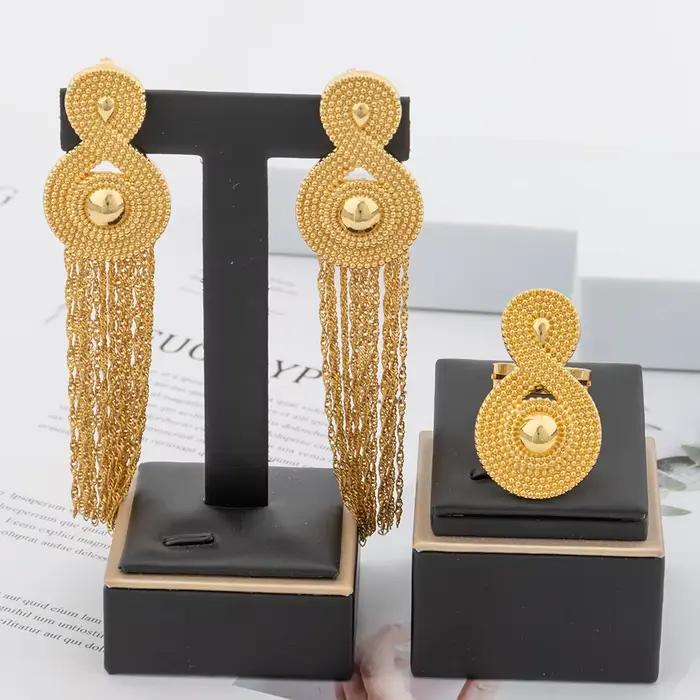 YM – bijoux plaqués or 18 carats pour boîte de nuit, reine, mode luxe, accessoire de bijoux de mariage, ensemble de boucles d'oreilles et bagues à pampilles longues