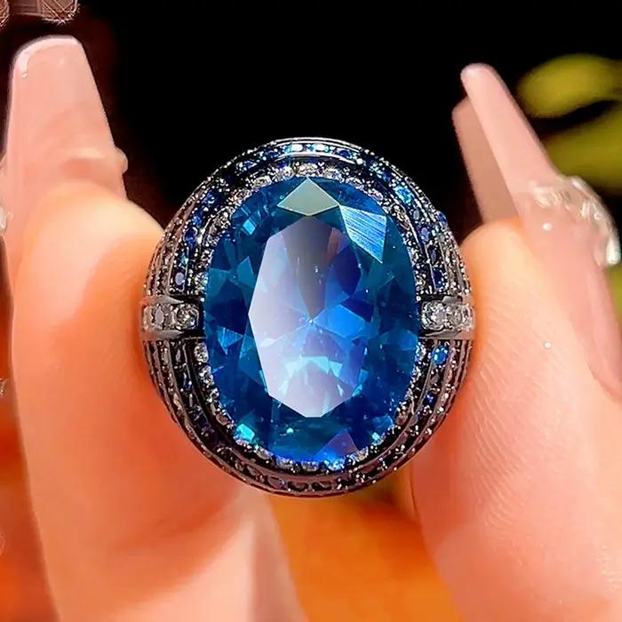 Bague en Tourmaline Paraiba Ovale Créée en Laboratoire Bague de Mariage Ouverte Réglable Pour Fêtes Spéciales