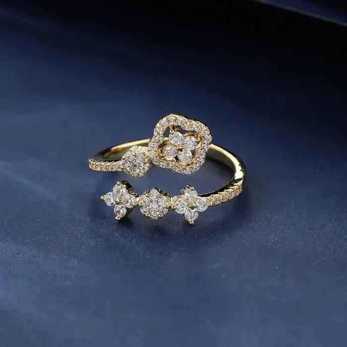 Bague réglable en or 14 carats pour femmes sertie de moissanite et zircon fleur à quatre feuilles bijou cadeau occasion spéciale