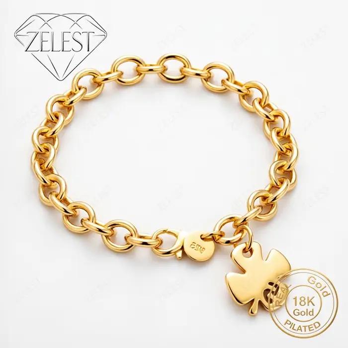 Bracelet en argent sterling 925 plaqué or 18 carats trèfle à quatre feuilles pour femme