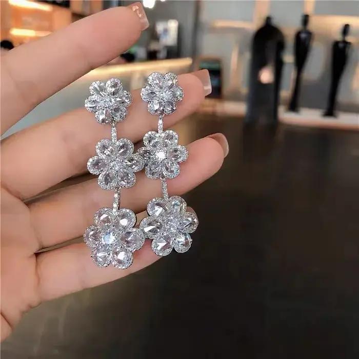 Breloque fleur diamant boucle d'oreille 925 en argent sterling boucles d'oreilles de mariage pour le