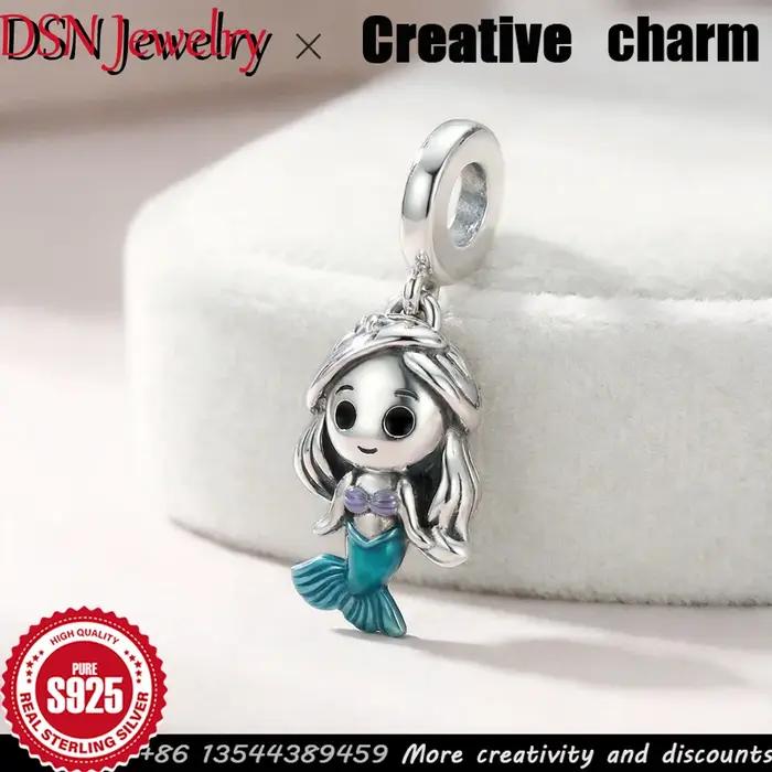 Pendentif Ariel Sirène en argent S925 avec émail bleu, design de dessin animé, pour bracelet ou coll