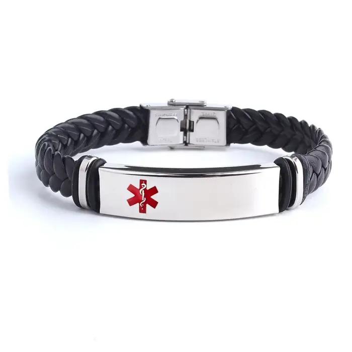 Bracelets en cuir tissé avec texte personnalisé SOS, médecine personnalisée, logo gravé, nom, Bracel