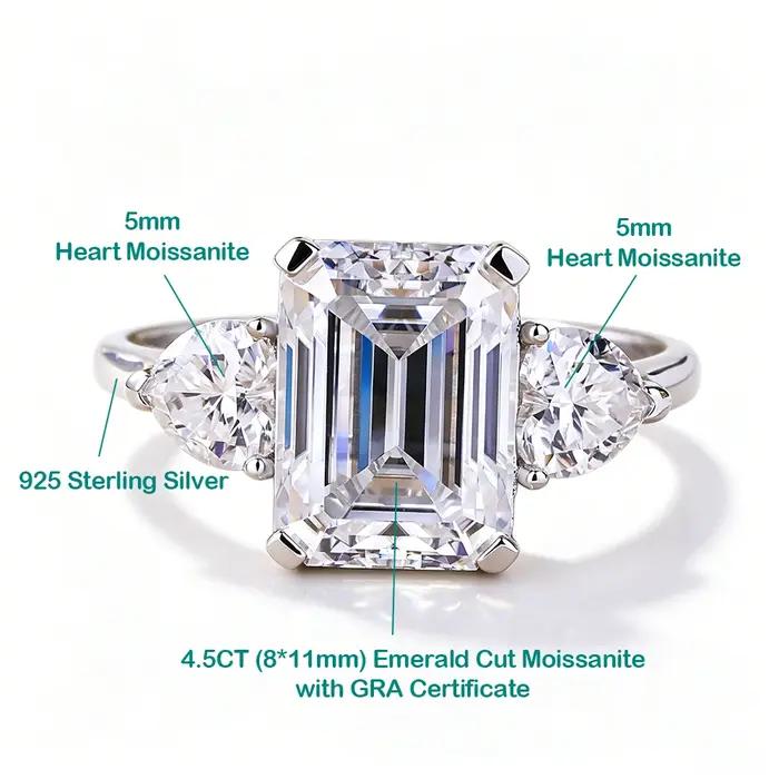 Bague de fiançailles en moissanite taille émeraude argent sterling 925 pierre principale d color vvs1 pour femme occasions spéciales mariage anniversaire partys
