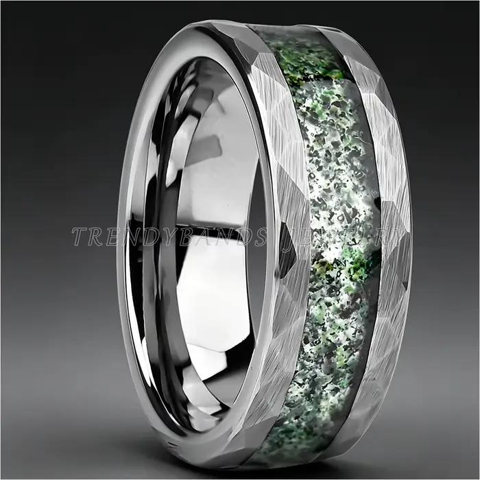 Bague en tungstène martelé avec incrustation d'agate blanche, bijou de mode pour homme et femme, alliance résistante et élégante pour mariage et événements spéciaux